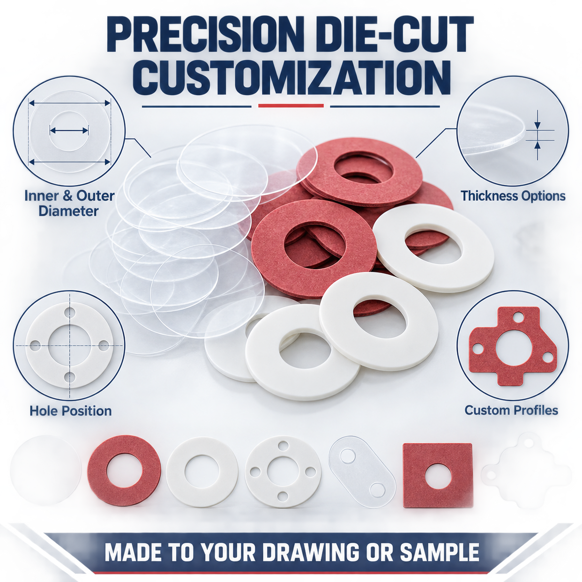 TPF PBT and Red Vulcanized Fiber Insulation Washers | Custom Die-Cut Pads