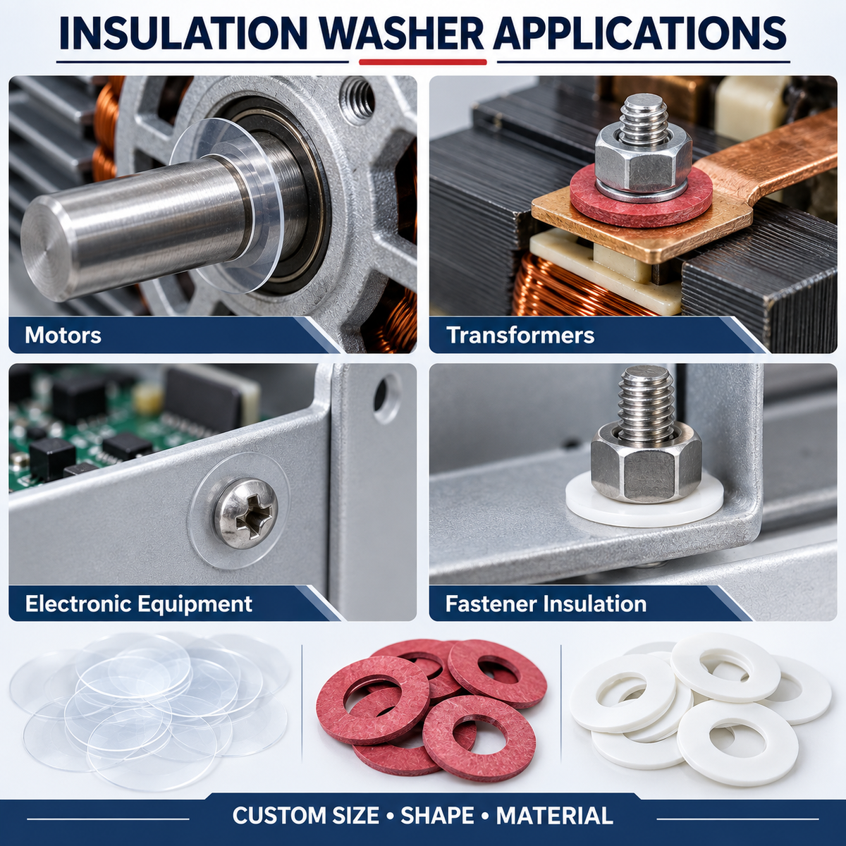 TPF PBT and Red Vulcanized Fiber Insulation Washers | Custom Die-Cut Pads